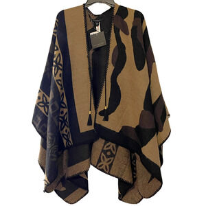 Marc New York OSFM Knit Poncho Wrap Ruana Tribal Print Tassel Ties Black Tan